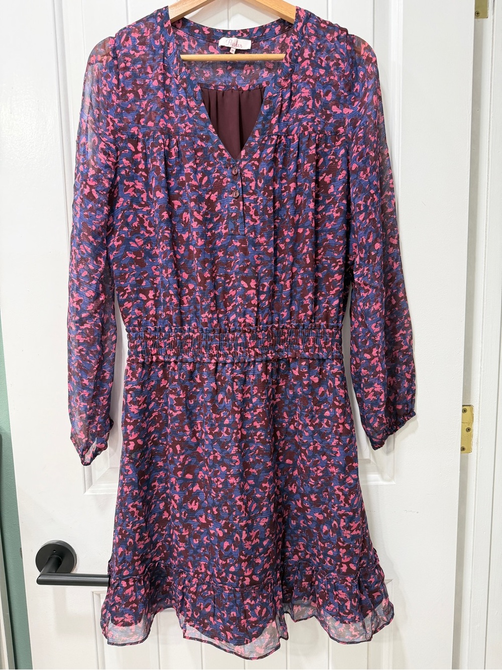 Parker 100% Silk Blue and Pink Floral Long-Sleeve A-Line Dress